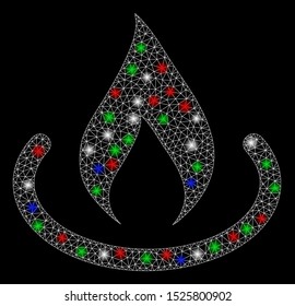 Bright mesh fire place with glare effect. White wire carcass polygonal mesh in vector format on a black background. Abstract 2d mesh designed with polygonal grid, points, colorful light spots.