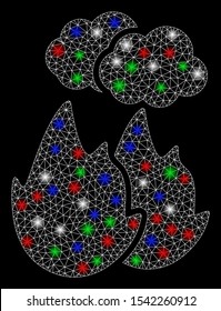Bright mesh fire with smoke with lightspot effect. White wire carcass polygonal mesh in vector format on a black background. Abstract 2d mesh designed with polygonal grid, round dots,