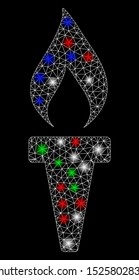 Bright mesh fire torch with glare effect. White wire frame triangular mesh in vector format on a black background. Abstract 2d mesh created from triangular lines, small circle, colorful flare spots.