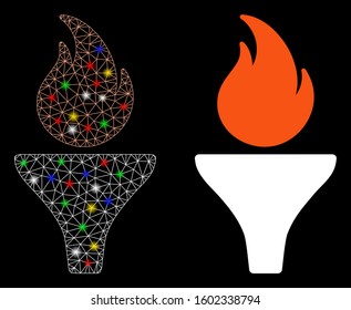 Bright mesh fire torch icon with glare effect. Abstract illuminated model of fire torch. Shiny wire frame triangular mesh fire torch icon. Vector abstraction on a black background.