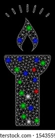 Bright mesh fire torch light with glare effect. White wire frame triangular mesh in vector format on a black background. Abstract 2d mesh created from triangular lines, dots, colorful flare spots.
