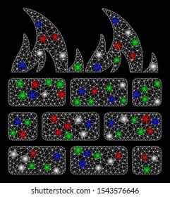 Bright mesh fire wall with glow effect. White wire carcass triangular mesh in vector format on a black background. Abstract 2d mesh designed with triangular lines, spheric points,