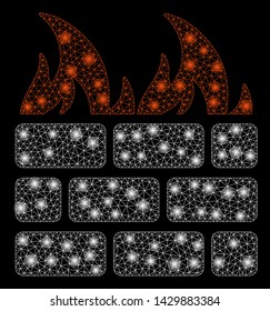 Bright mesh fire wall with lightspot effect. Abstract illuminated model of fire wall icon. Shiny wire carcass polygonal mesh fire wall. Vector abstraction on a black background.