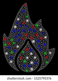 Bright mesh fire and water drop with glare effect. White wire frame triangular mesh in vector format on a black background. Abstract 2d mesh created from triangular lines, small circle,