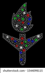 Bright mesh fired aircraft with lightspot effect. White wire frame polygonal mesh in vector format on a black background. Abstract 2d mesh designed with polygonal grid, points, colorful flare spots.