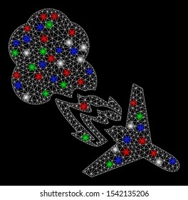 Bright mesh fired airplane with glow effect. White wire carcass triangular mesh in vector format on a black background. Abstract 2d mesh designed with triangular lines, round dots,