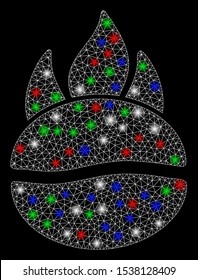 Bright mesh fired coffee bean with glow effect. White wire carcass triangular mesh in vector format on a black background. Abstract 2d mesh designed with triangles, points, colorful glare spots.