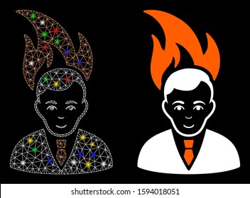 Bright mesh fired manager icon with glow effect. Abstract illuminated model of fired manager. Shiny wire frame triangular mesh fired manager icon. Vector abstraction on a black background.