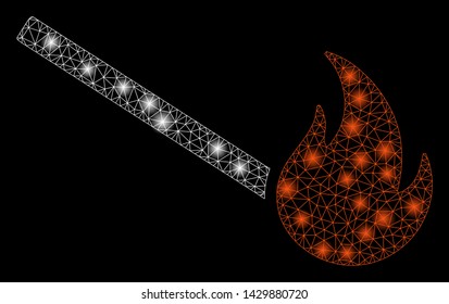 Bright mesh fired match with glitter effect. Abstract illuminated model of fired match icon. Shiny wire carcass triangular mesh fired match. Vector abstraction on a black background.
