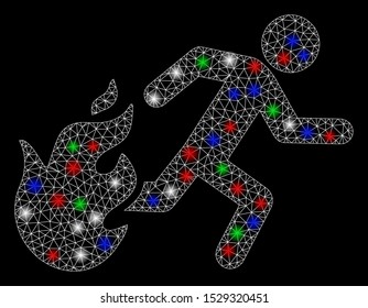 Bright mesh fired running man with lightspot effect. White wire carcass triangular mesh in vector format on a black background. Abstract 2d mesh designed with triangular lines, points,