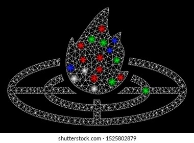 Bright mesh fired target with glare effect. White wire frame triangular network in vector format on a black background. Abstract 2d mesh created from triangular lines, dots, colored glare spots.