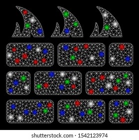 Bright mesh firewall with glow effect. White wire carcass triangular mesh in vector format on a black background. Abstract 2d mesh designed with polygonal grid, spheric points, colored glare spots.