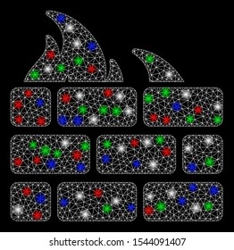 Bright mesh firewall with glow effect. White wire frame triangular network in vector format on a black background. Abstract 2d mesh designed with triangular lines, dots, colorful flash spots.
