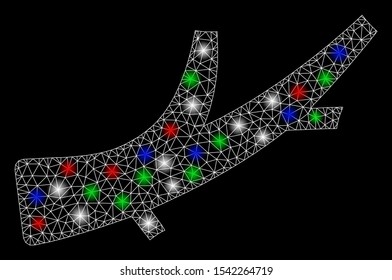 Bright mesh firewood with glare effect. White wire carcass triangular mesh in vector format on a black background. Abstract 2d mesh designed with polygonal grid, points, colorful glare spots.