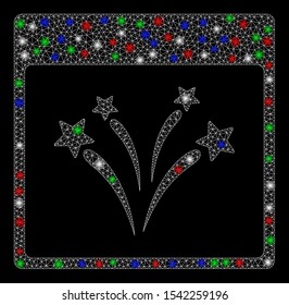Bright mesh fireworks calendar page with glow effect. White wire carcass triangular mesh in vector format on a black background. Abstract 2d mesh designed with triangles, round dots,