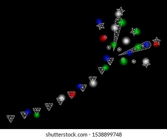 Bright mesh fireworks trace with glow effect. White wire carcass triangular mesh in vector format on a black background. Abstract 2d mesh designed with triangular lines, spheric points,