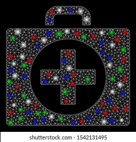 Bright mesh first aid with glare effect. White wire carcass polygonal mesh in vector format on a black background. Abstract 2d mesh created from polygonal grid, small circle, colored glare spots.