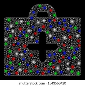 Bright mesh first aid with lightspot effect. White wire carcass triangular mesh in vector format on a black background. Abstract 2d mesh designed with polygonal grid, round dots, colorful flash spots.