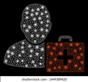 Bright mesh first aid man with glare effect. Abstract illuminated model of first aid man icon. Shiny wire carcass polygonal mesh first aid man. Vector abstraction on a black background.