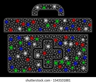 Bright mesh first aid toolbox with glare effect. White wire carcass polygonal network in vector format on a black background. Abstract 2d mesh designed with triangular lines, small circle,
