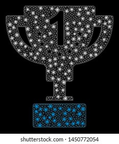 Bright mesh first prize cup with glare effect. Abstract illuminated model of first prize cup icon. Shiny wire frame triangular mesh first prize cup. Vector abstraction on a black background.