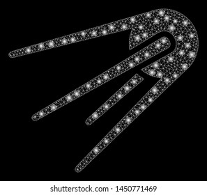 Bright mesh first satellite with sparkle effect. Abstract illuminated model of first satellite icon. Shiny wire carcass polygonal mesh first satellite. Vector abstraction on a black background.