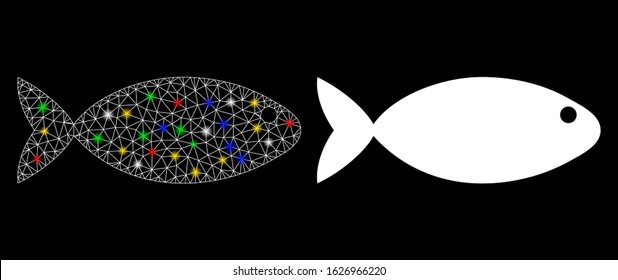 Bright mesh fish icon with glow effect. Abstract illuminated model of fish. Shiny wire carcass triangular mesh fish icon. Vector abstraction on a black background.