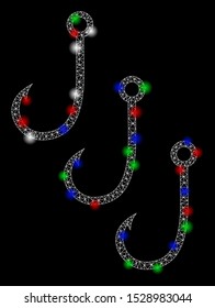 Bright mesh fishing hooks with glare effect. White wire carcass polygonal mesh in vector format on a black background. Abstract 2d mesh designed with polygonal grid, dots, colorful light spots.