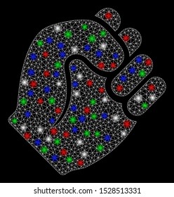 Bright mesh fist with glare effect. White wire frame polygonal mesh in vector format on a black background. Abstract 2d mesh designed with triangular lines, small circle, colored light spots.