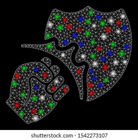 Bright mesh fist strike shield with lightspot effect. White wire carcass polygonal mesh in vector format on a black background. Abstract 2d mesh designed with triangles, small circle,