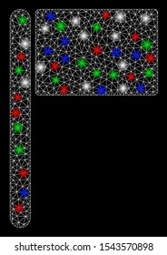 Bright mesh flag with glow effect. White wire carcass polygonal mesh in vector format on a black background. Abstract 2d mesh designed with polygonal grid, dots, colorful glare spots.