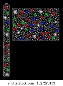 Bright mesh flag pointer with glow effect. White wire carcass triangular network in vector format on a black background. Abstract 2d mesh designed with triangular lines, spheric points,