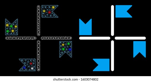 Bright mesh flags icon with sparkle effect. Abstract illuminated model of flags. Shiny wire carcass polygonal mesh flags icon. Vector abstraction on a black background.
