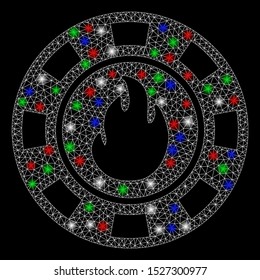 Bright mesh flame casino chip with glow effect. White wire frame triangular mesh in vector format on a black background. Abstract 2d mesh designed with triangular lines, dots, colored flash spots.