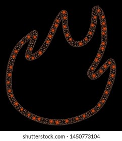 Bright mesh flame contour with glare effect. Abstract illuminated model of flame contour icon. Shiny wire carcass triangular mesh flame contour. Vector abstraction on a black background.