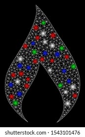 Bright mesh flame with glare effect. White wire carcass polygonal mesh in vector format on a black background. Abstract 2d mesh created from polygonal grid, dots, colored glare spots.