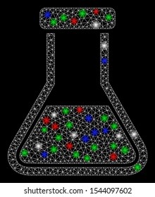 Bright mesh flask with glow effect. White wire carcass triangular mesh in vector format on a black background. Abstract 2d mesh designed with triangular lines, round dots, colored glare spots.