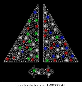 Bright mesh flip horizontally with lightspot effect. White wire carcass polygonal mesh in vector format on a black background. Abstract 2d mesh designed with polygonal grid, points,