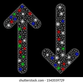 Bright mesh flip vertical with glare effect. White wire carcass polygonal mesh in vector format on a black background. Abstract 2d mesh created from polygonal grid, small circle, colorful glare spots.