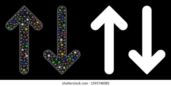 Bright mesh flip vertical icon with glare effect. Abstract illuminated model of flip vertical. Shiny wire frame polygonal mesh flip vertical icon. Vector abstraction on a black background.