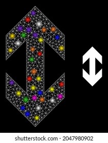 Bright mesh flip vertically glare icon with light spots. Illuminated vector model based on flip vertically icon. Sparkle carcass polygonal flip vertically on a black background.