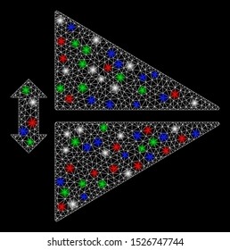 Bright mesh flip vertically with glow effect. White wire carcass polygonal mesh in vector format on a black background. Abstract 2d mesh designed with polygonal grid, dots, colored flash spots.