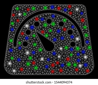 Bright mesh floor scales with glare effect. White wire carcass polygonal mesh in vector format on a black background. Abstract 2d mesh created from polygonal grid, round dots, colored glare spots.