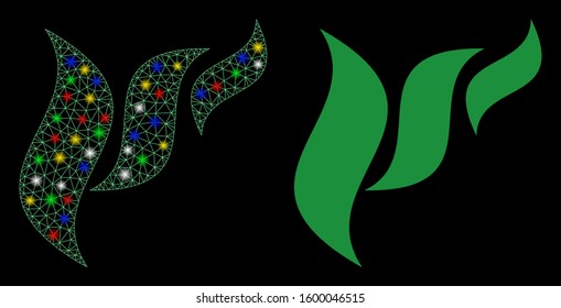 Bright mesh flora abstraction icon with glare effect. Abstract illuminated model of flora abstraction. Shiny wire carcass triangular mesh flora abstraction icon.
