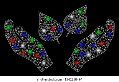 Bright mesh flora care hands with glare effect. White wire carcass triangular mesh in vector format on a black background. Abstract 2d mesh designed with triangles, spheric points,