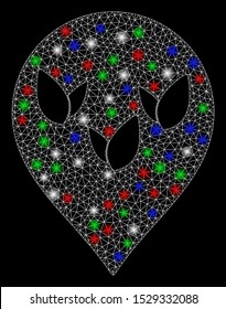 Bright mesh flora field marker with glow effect. White wire frame polygonal mesh in vector format on a black background. Abstract 2d mesh designed with triangular lines, small circle,