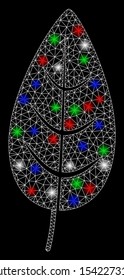 Bright mesh flora leaf with glare effect. White wire frame triangular mesh in vector format on a black background. Abstract 2d mesh designed with polygonal grid, points, colorful glare spots.