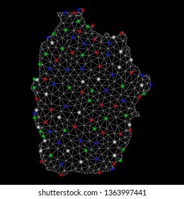 Bright mesh Flores Island of Azores map with lightspot effect. Wire carcass polygonal network in vector format on a black background. Abstract 2d mesh designed with polygonal grid, dots,