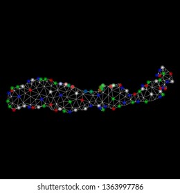 Bright mesh Flores Island of Indonesia map with glare effect. Wire carcass triangular mesh in vector format on a black background. Abstract 2d mesh designed with polygonal grid, round dots,