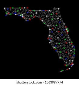 Bright mesh Florida map with glow effect. Wire frame polygonal mesh in vector format on a black background. Abstract 2d mesh designed with polygonal grid, small circle, colored flash spots.